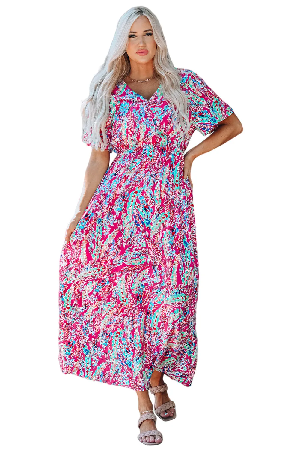 Wrap V Neck Floral Maxi Dress