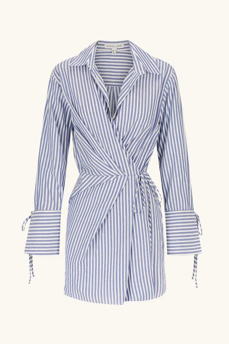 Yasmine Draped Shirt Mini Dress in Chambray Blue