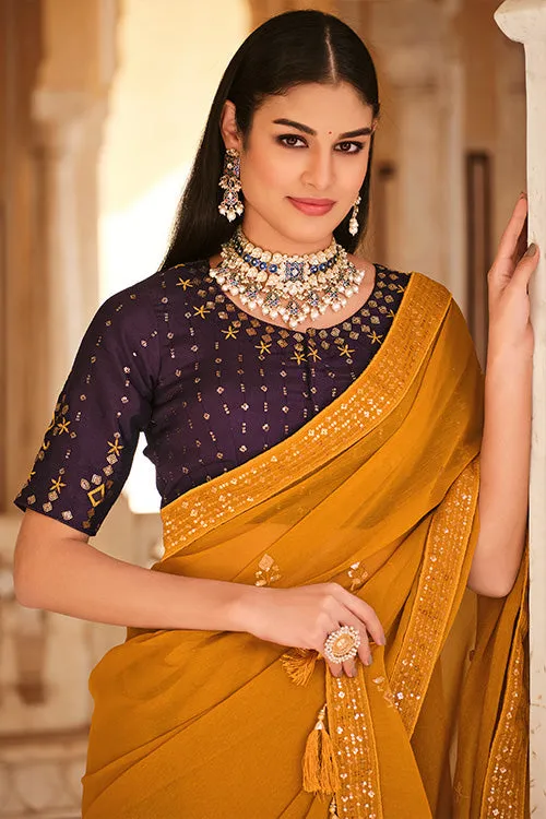 Yellow Chinon Thread With Sequins Work Saree