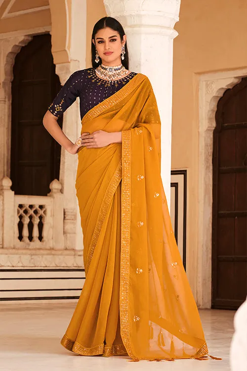 Yellow Chinon Thread With Sequins Work Saree