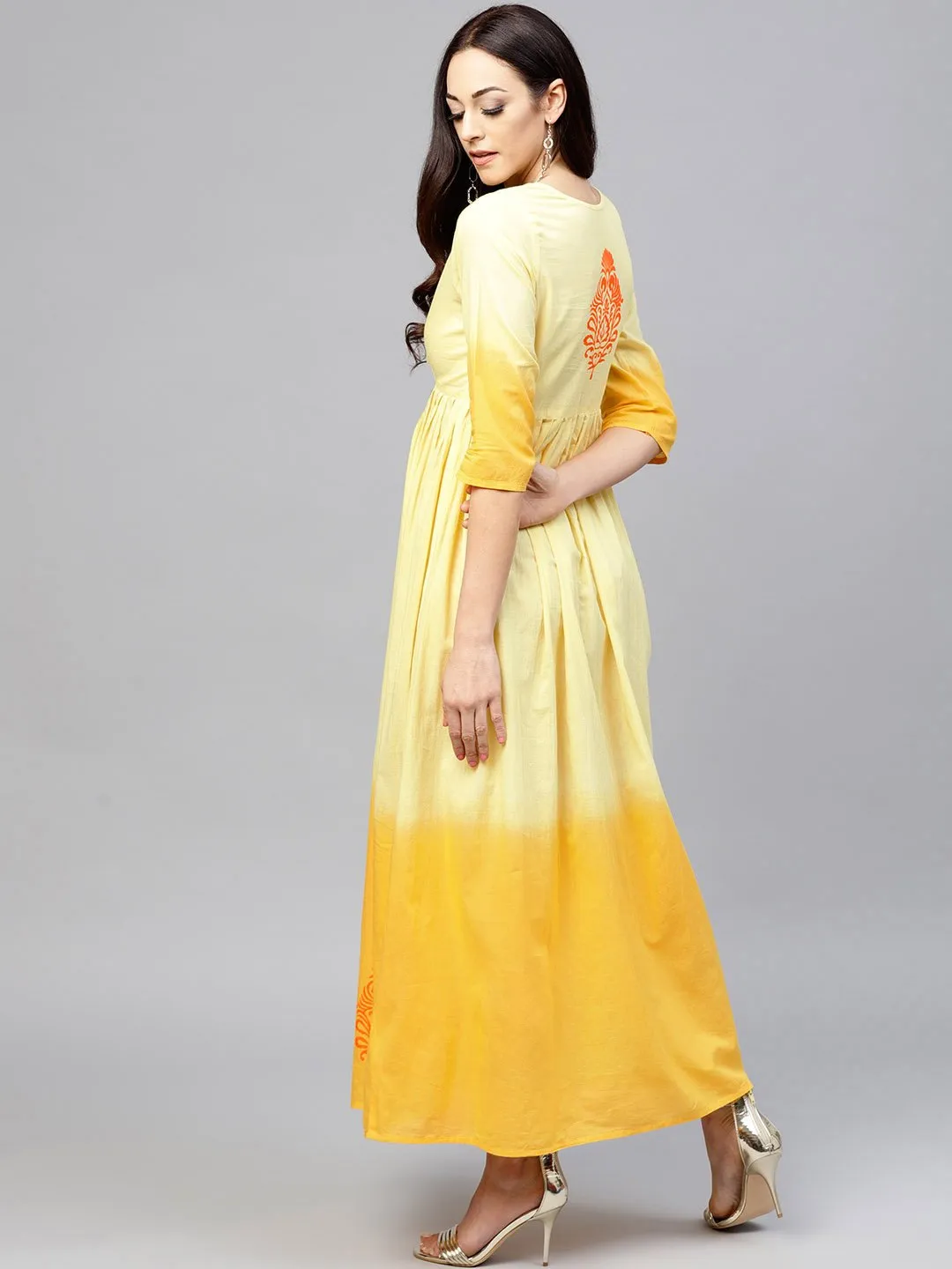 Yellow Ombre Dyed Maxi Dress With Round Neck And 3/4 Sleeves