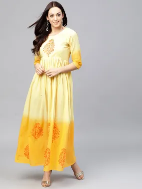 Yellow Ombre Dyed Maxi Dress With Round Neck And 3/4 Sleeves