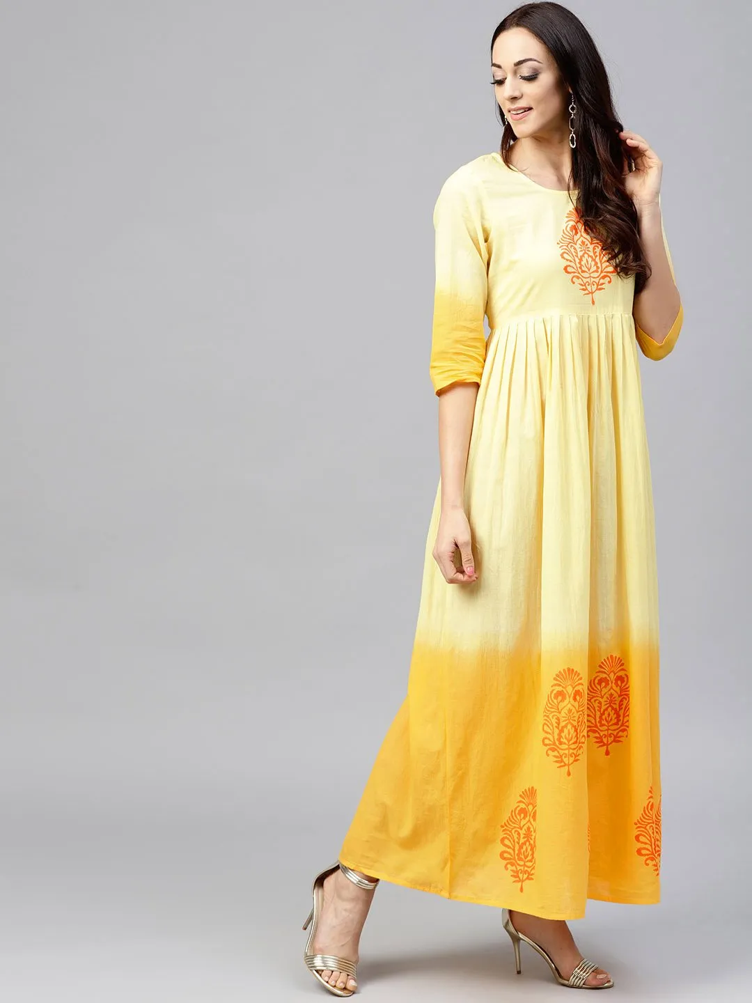 Yellow Ombre Dyed Maxi Dress With Round Neck And 3/4 Sleeves