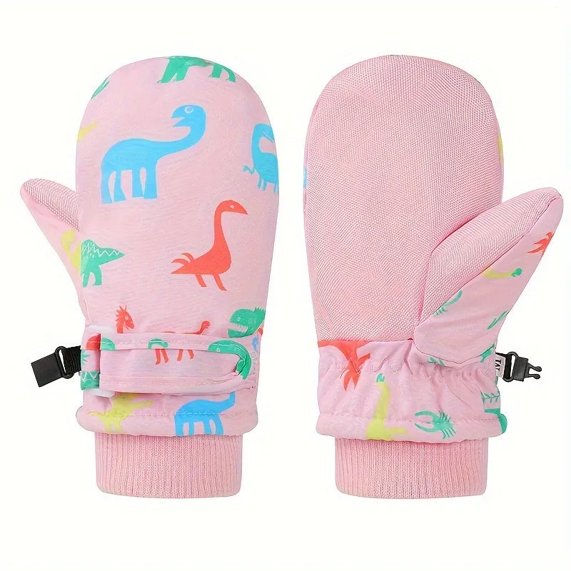 Youngsters' Dinosaur Print Winter Gloves - Cozy & Warm, One-Size Fits All for Boys & Girls Ages 4-8, Polyester Blend