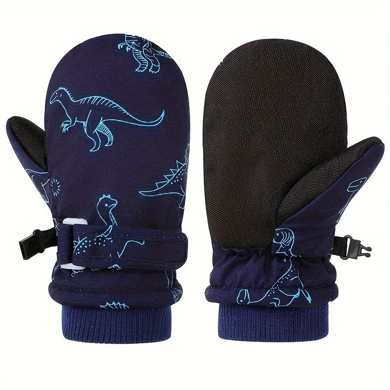 Youngsters' Dinosaur Print Winter Gloves - Cozy & Warm, One-Size Fits All for Boys & Girls Ages 4-8, Polyester Blend