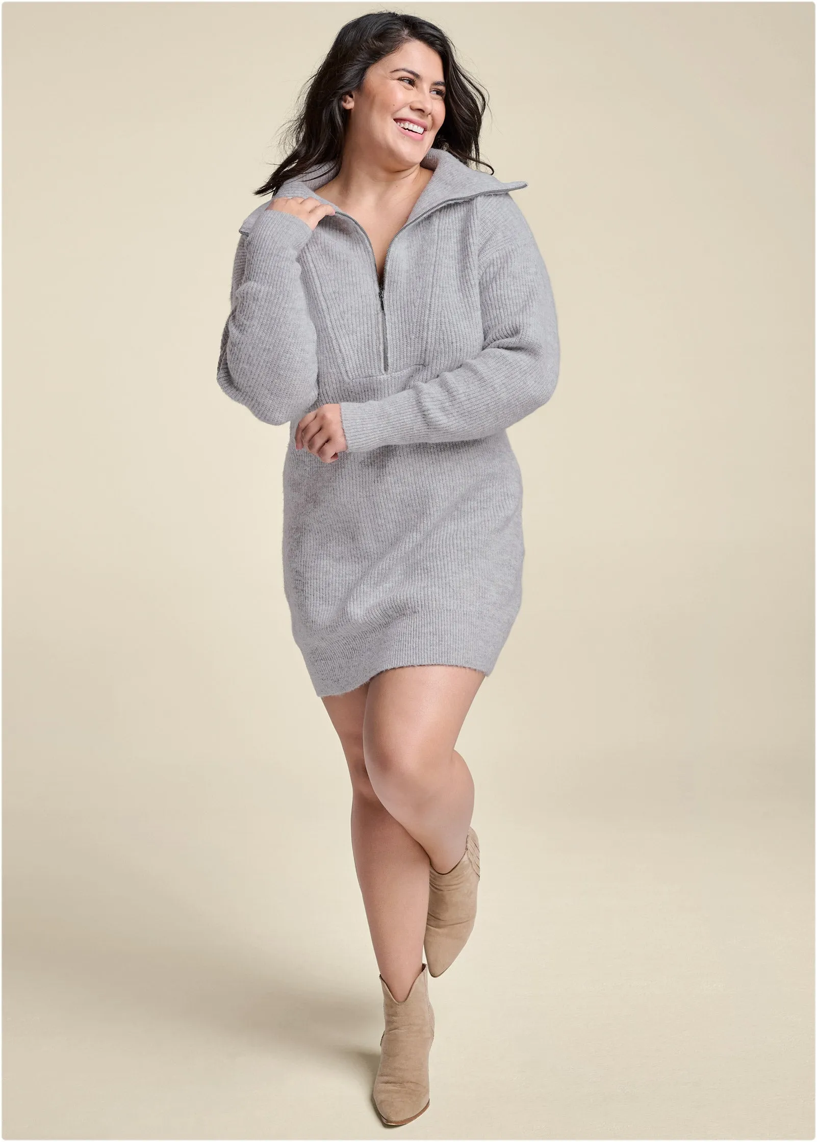 Zip Front Sweater Dress  - Heather Grey