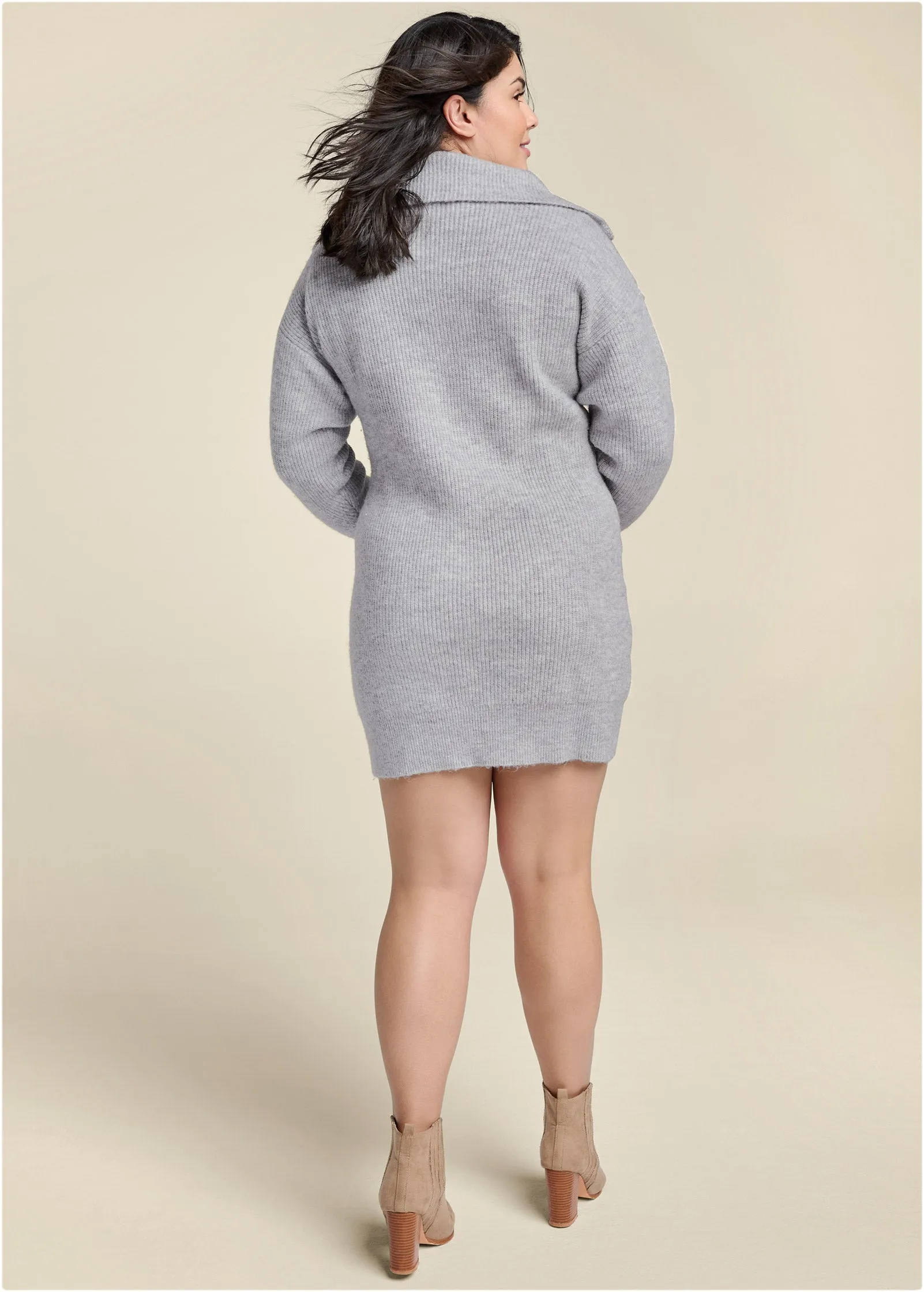 Zip Front Sweater Dress  - Heather Grey